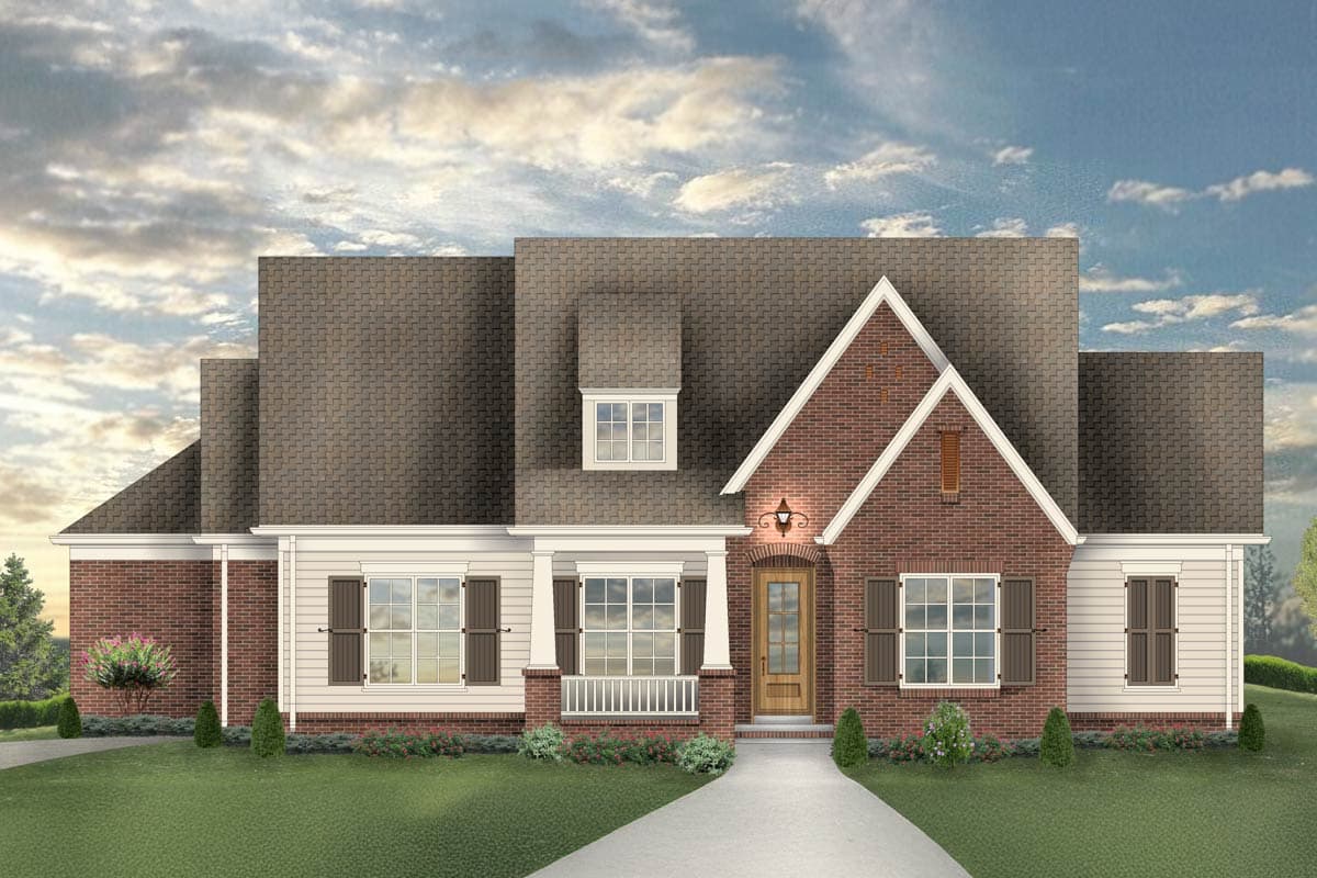 House plan exterior showing a one-story home with a brick facade, gabled dormer, covered porch, and varied rooflines.