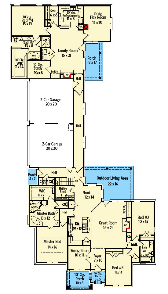 Plan 58617SV: Multi-Generational House Plan with 3842 Sq Ft Main House and 2252 Sq Ft Second One - Floor Plan - Main Level - Craftsman, Southern, Traditional