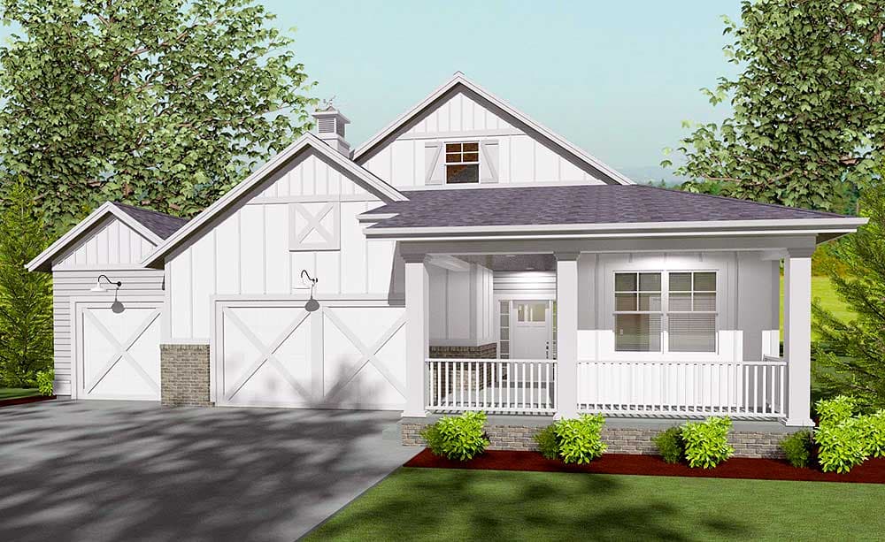 Modern Farmhouse house plan exterior with a covered front porch, dual garage doors, and board-and-batten siding.
