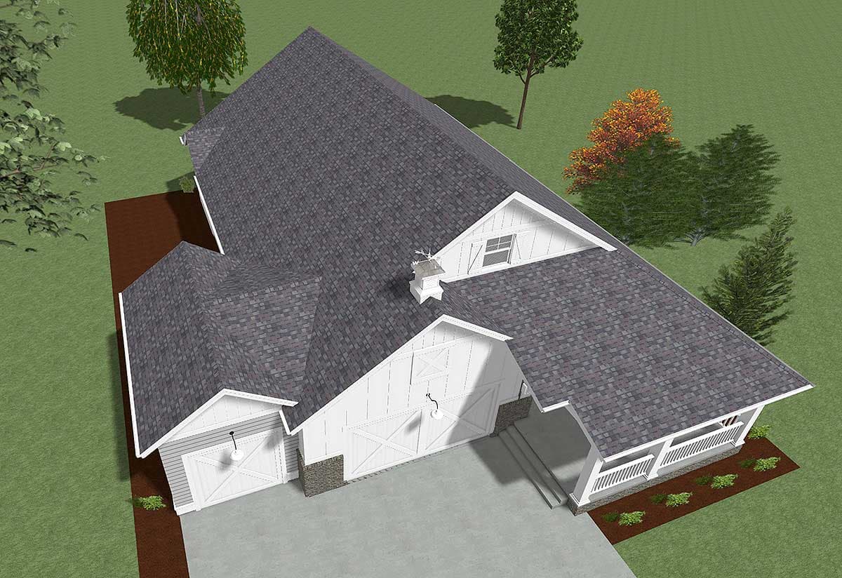 Modern Farmhouse house plan exterior with two-car garage, covered porch, gable dormers, and varying rooflines.