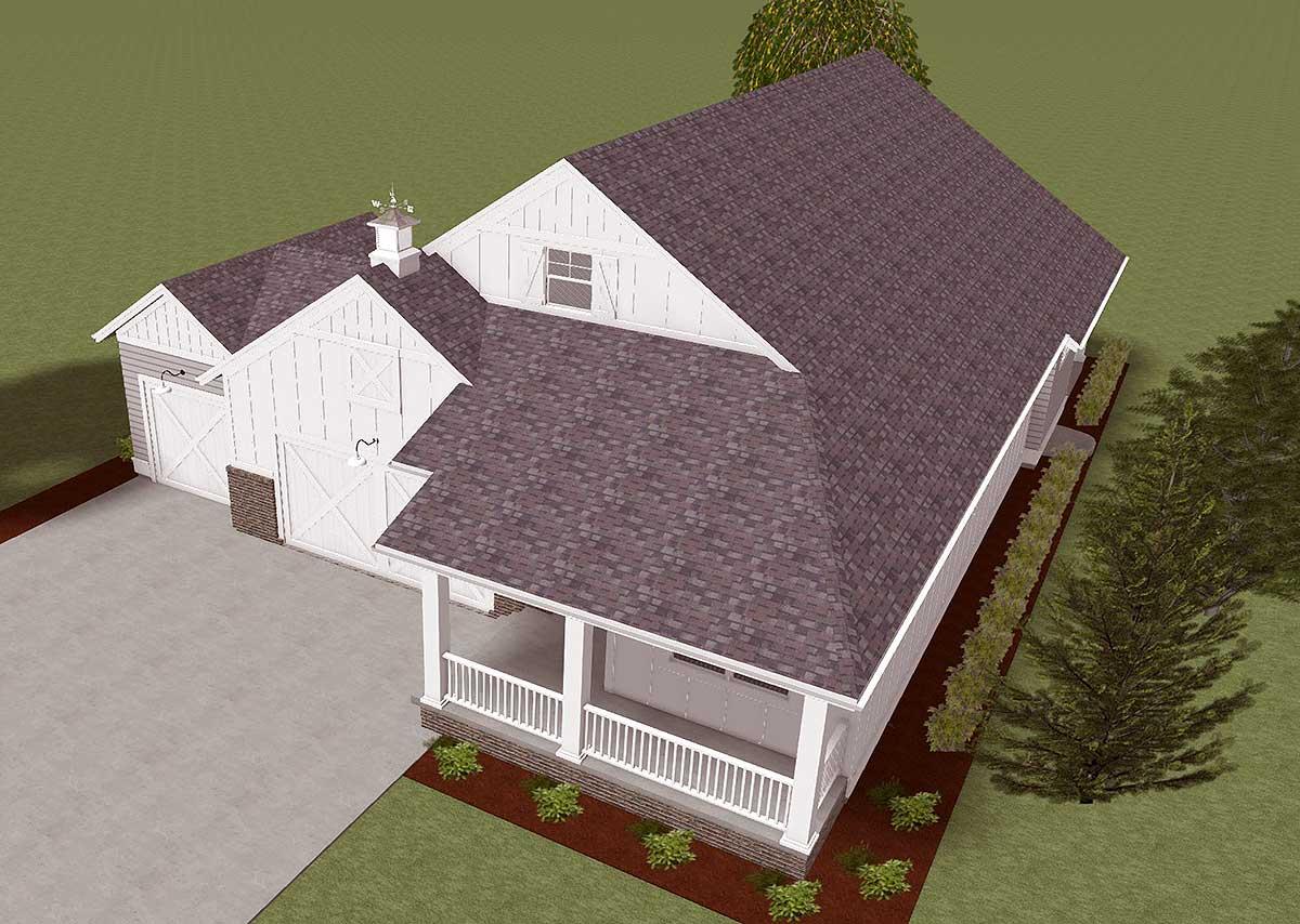 Modern Farmhouse style house plan exterior with gabled roofs, front porch with railings, and attached garage.