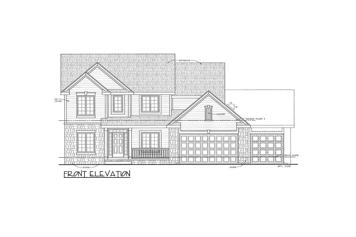 Front elevation drawing of a two-story house plan with stone base, gabled roof, covered entry porch, and a two-car garage.