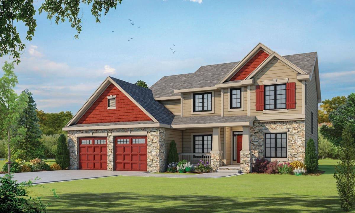 House plan exterior with Craftsman style, two stories, front porch, gables, and stone accents.
