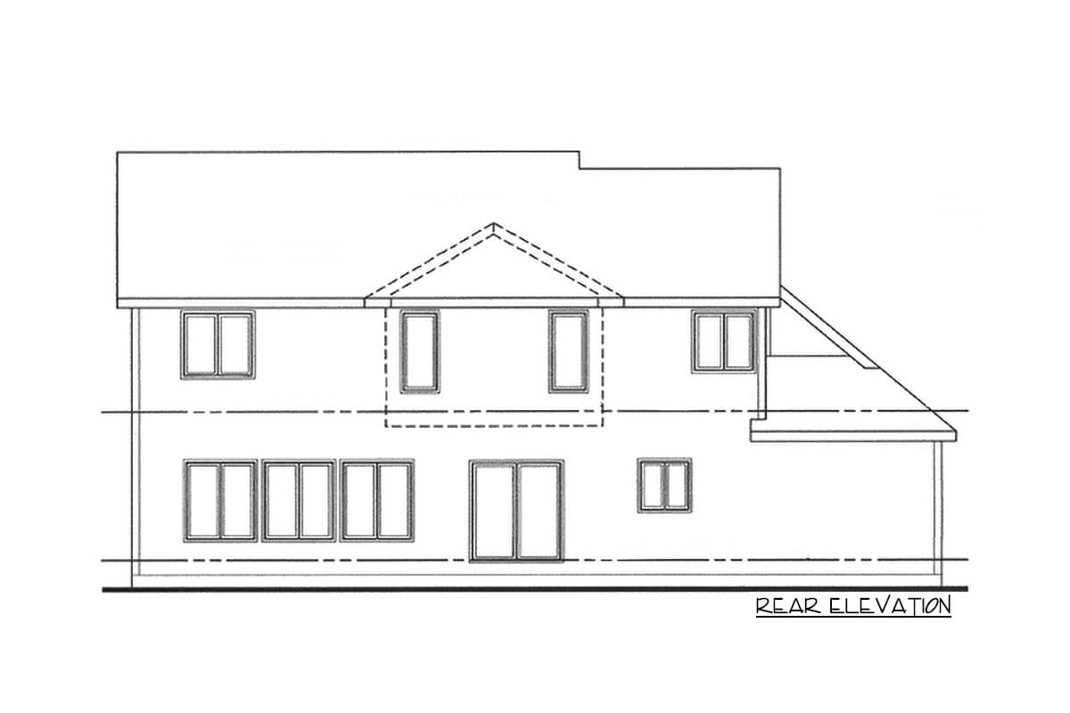 Rear elevation house plan showing a two-story structure with multiple windows on both levels and a sloped roofline.