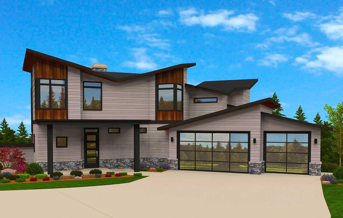 Modern house plan exterior with two-story design, asymmetrical rooflines, wood accents, stone base, and large glass garage doors.