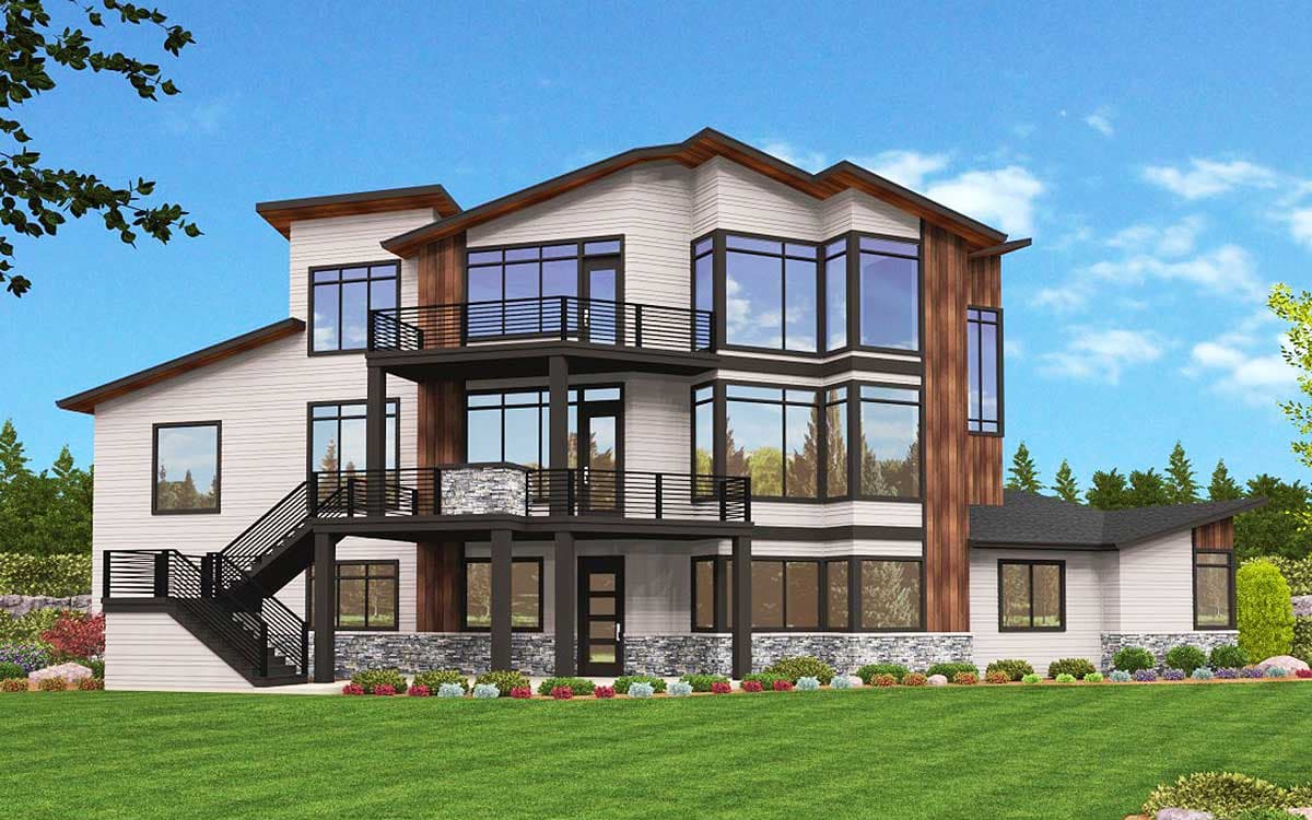 House plan exterior: Modern multi-story home with multiple balconies, expansive windows, horizontal siding, and stone accents.