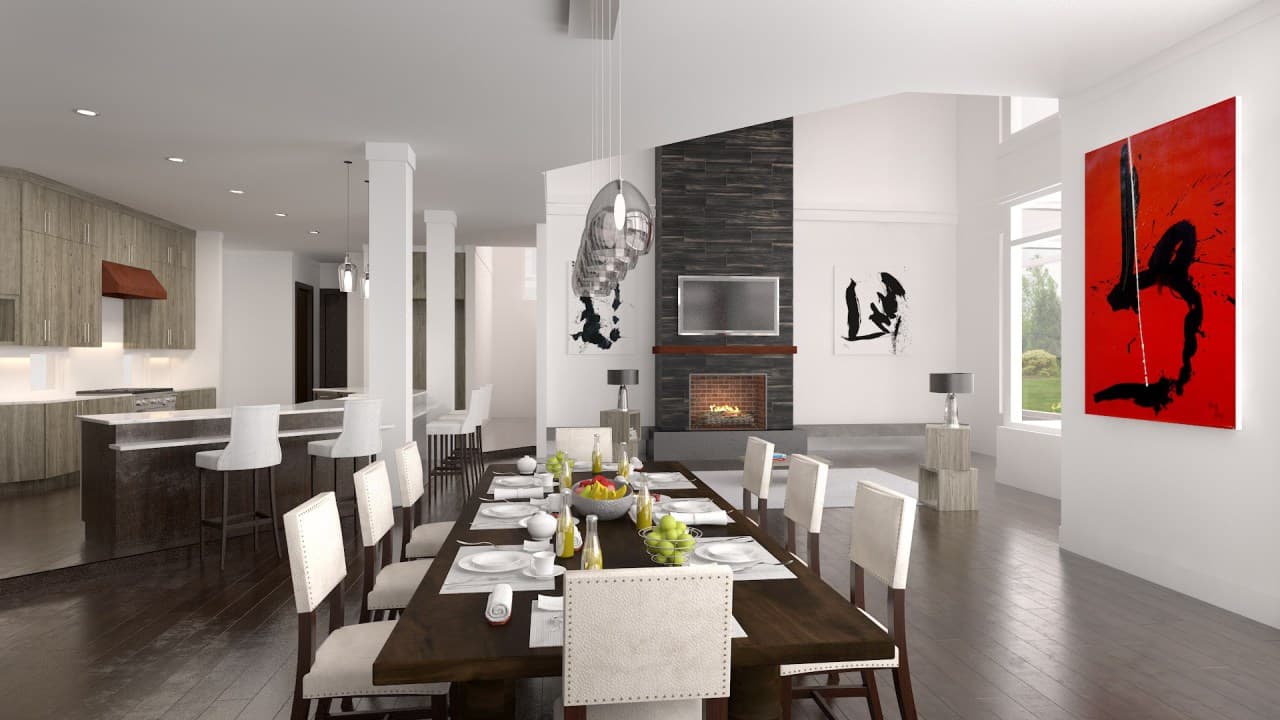 Dining and great room with modern fireplace, kitchen island with bar stools, and large dining table.