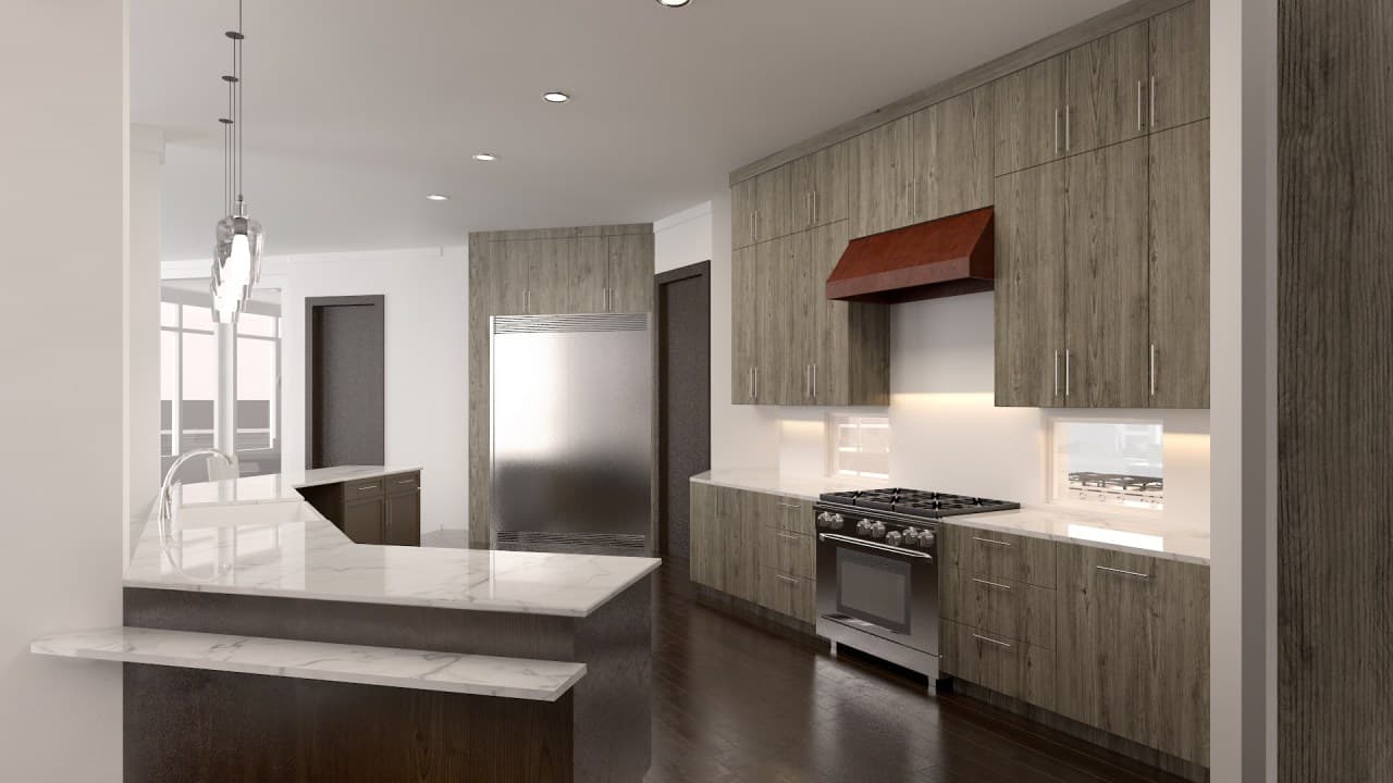 Contemporary kitchen rendering with wood cabinets, stainless steel refrigerator and range, and a marble-topped island with seating.