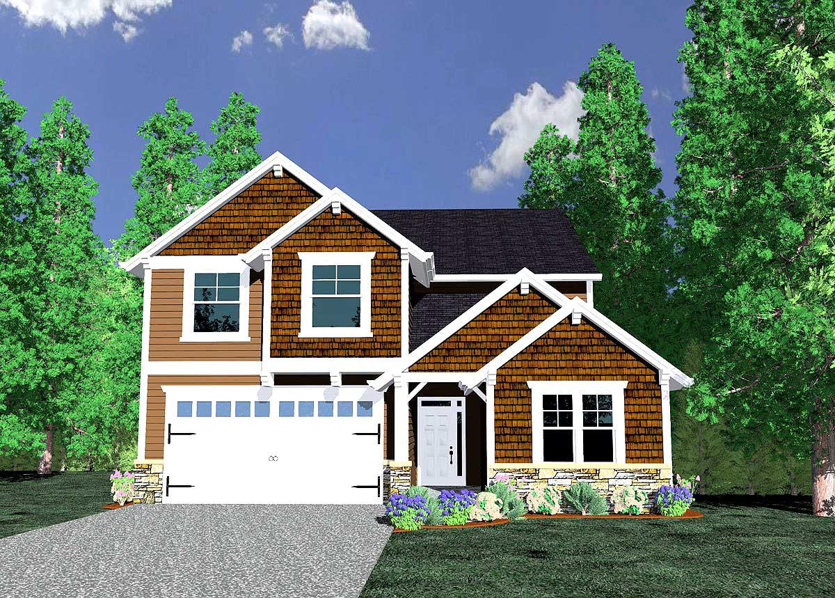 Two-story Craftsman house plan exterior with two gables, shingle siding, covered porch, and a two-car garage.