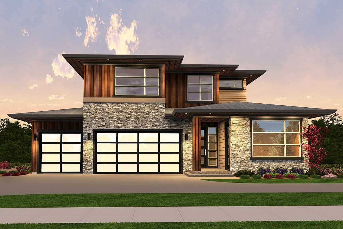 Modern house plan exterior with stone and wood siding, flat rooflines, and three glass garage doors.