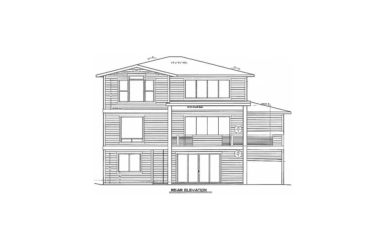 Rear elevation drawing of a three-story house plan with multiple windows, balconies, and sliding doors.