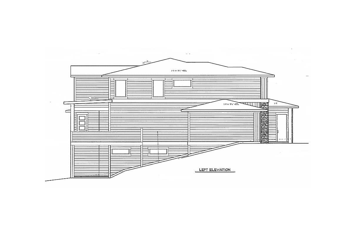 Left elevation house plan showing a multi-story structure with horizontal siding, varied rooflines, and multiple windows.