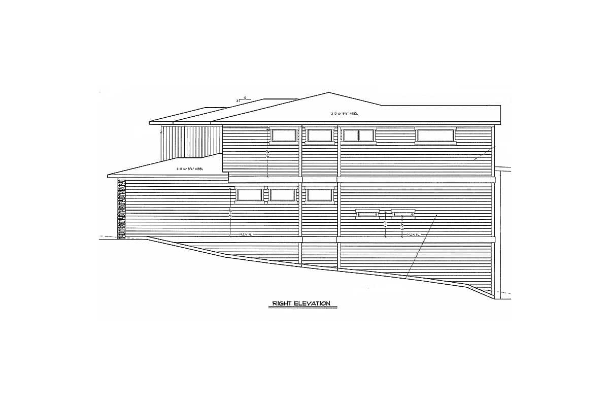 Architectural drawing of a house right elevation. Shows two stories with horizontal siding and numerous windows.