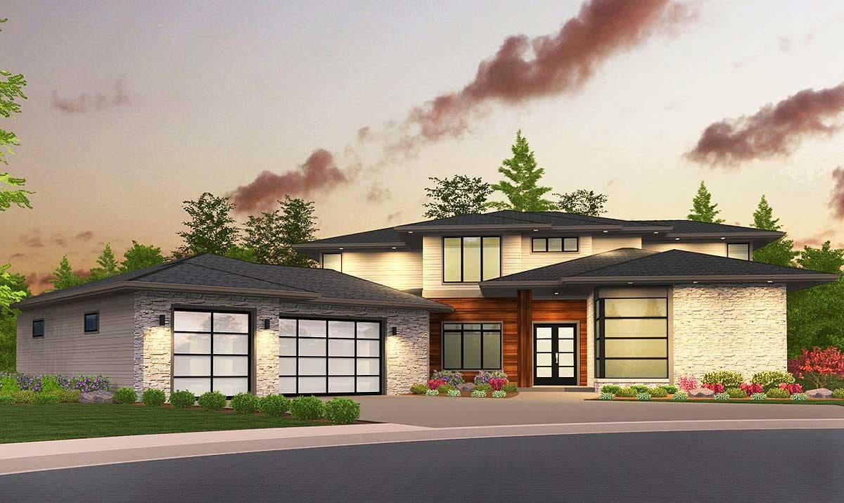 Modern house plan exterior featuring a two-car garage with stone accents, flat rooflines, and wood and stone siding.