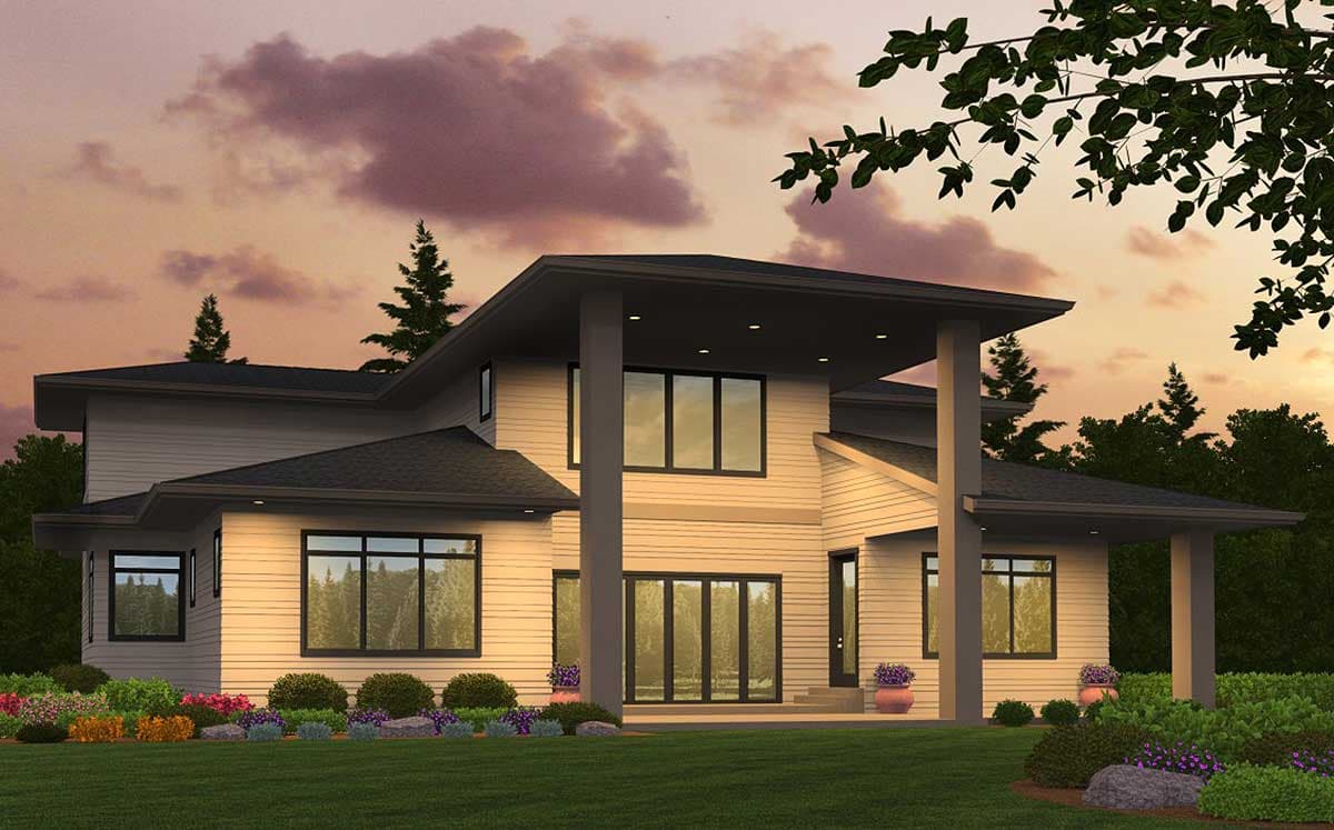 Modern house plan exterior with multiple rooflines, large windows, and covered entryway with columns.