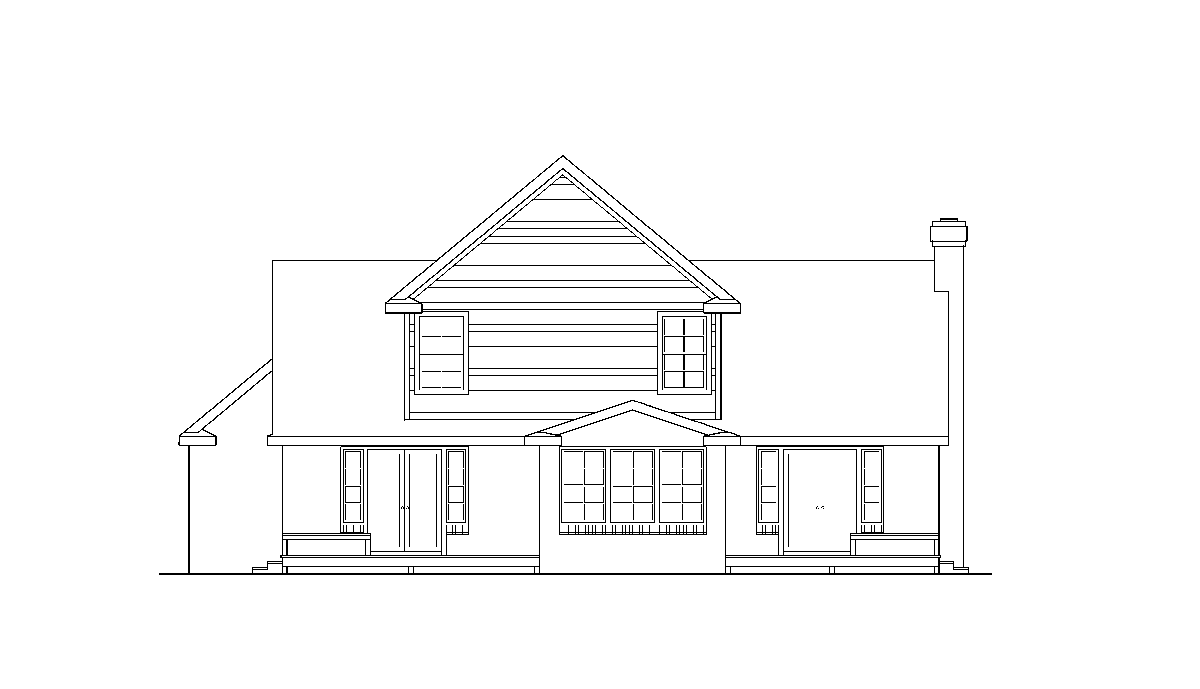 House plan exterior elevation showing a two-story home with gabled dormer, bay window, side porches, and chimney.