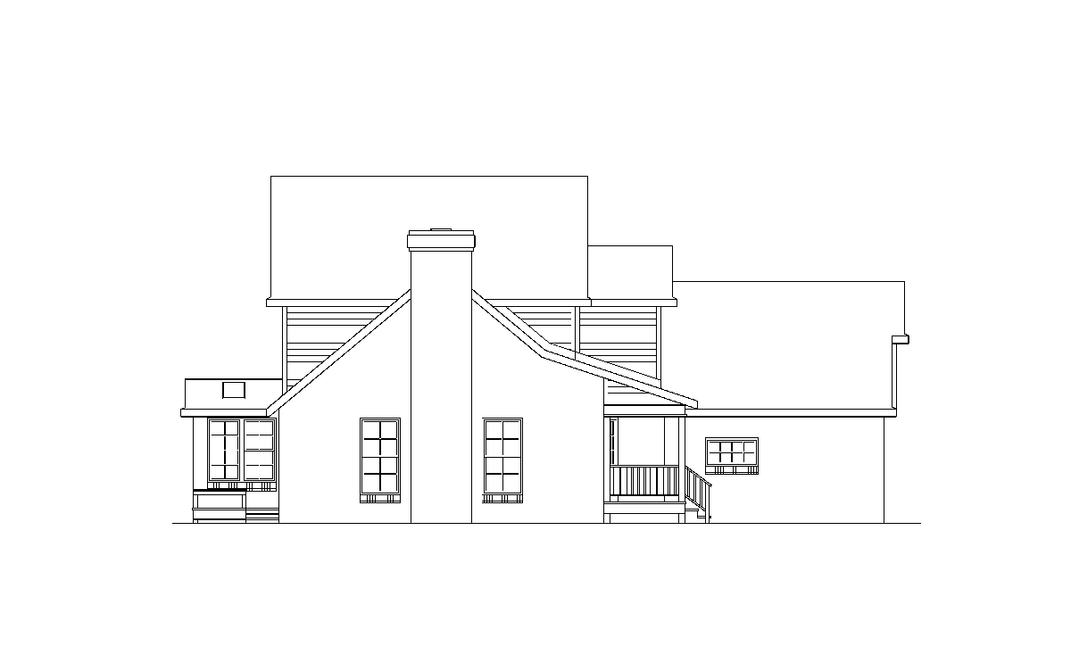 Side elevation house plan showing a multi-story structure with a prominent chimney, gables, and a covered porch.
