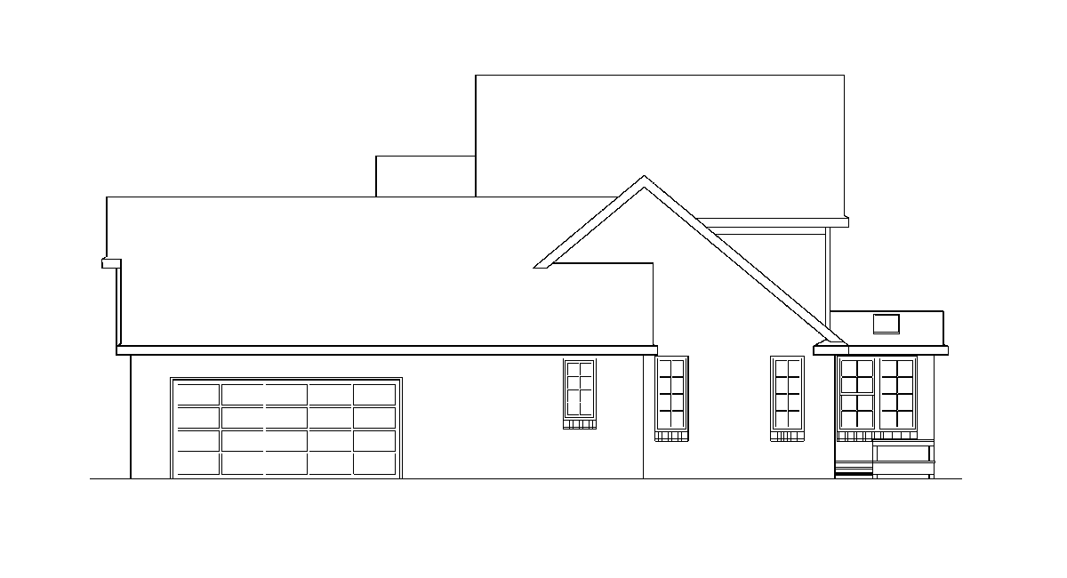 House plan side elevation with attached garage, multiple windows, and a covered porch with a multi-pane window entry.