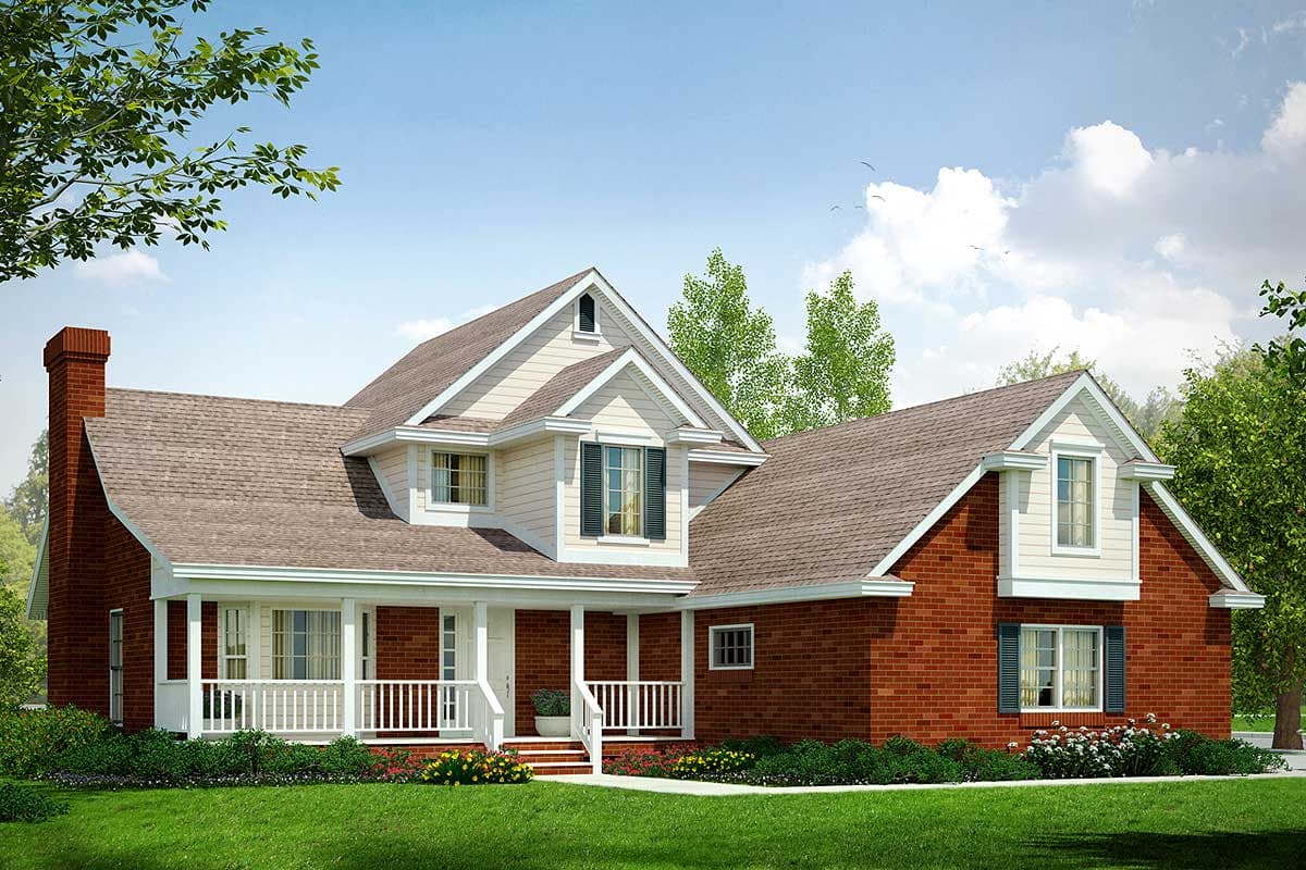 House plan exterior: two-story red brick home with white wraparound porch, prominent gabled dormers, and a large brick chimney.
