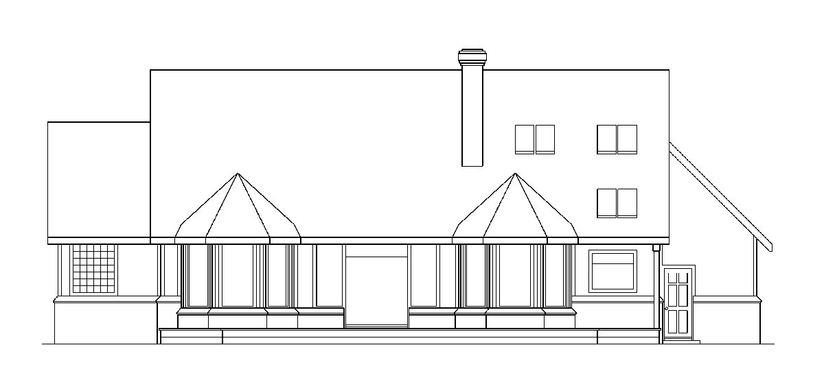 House plan exterior elevation: side view shows a wraparound porch with bay windows, a chimney, dormers, and a steeply pitched roof.