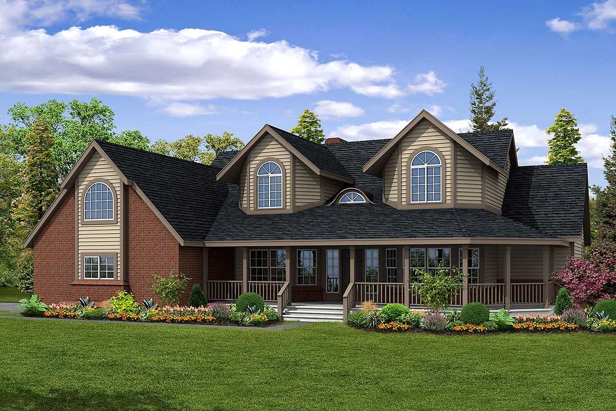 House plan exterior featuring a wraparound porch, brick and siding facade, and arched dormer windows.