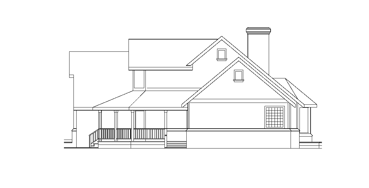 House plan exterior drawing with a prominent chimney, gables, dormers, and a covered porch with railings.