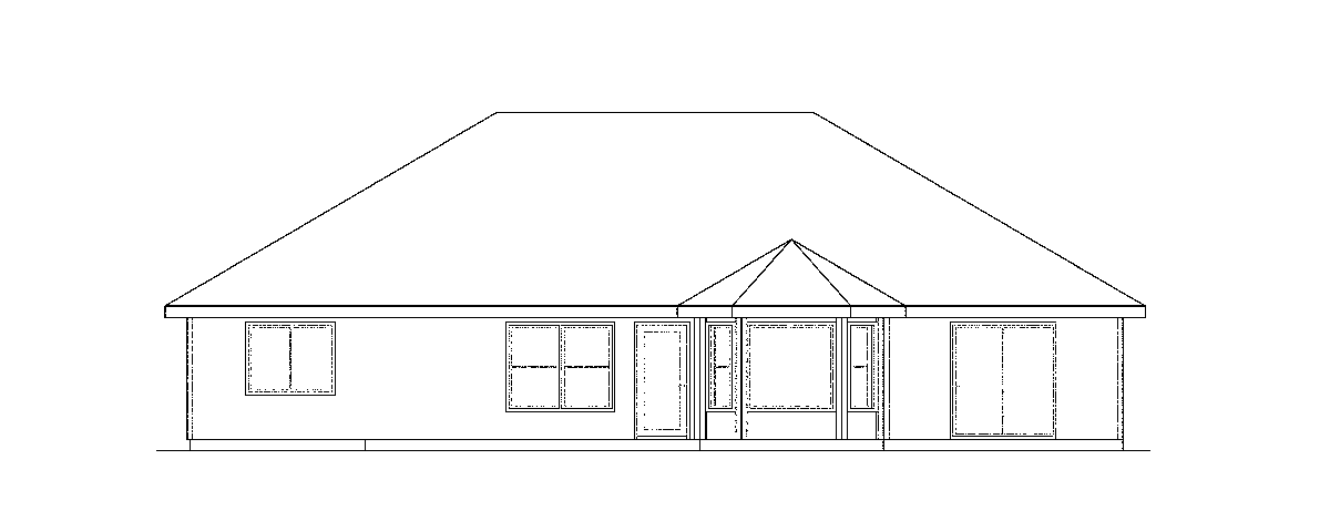 House plan elevation drawing showing a single-story home with a hip roof and central hipped dormer over a large window.
