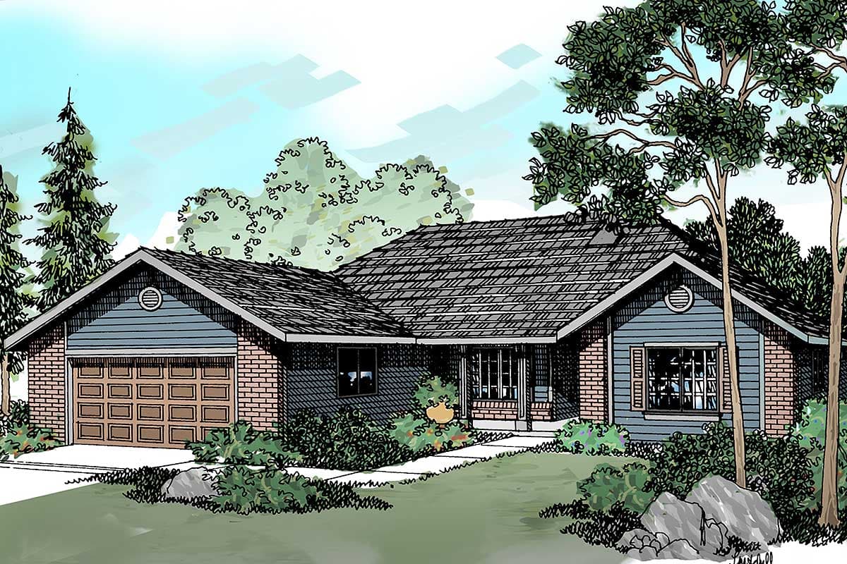 House plan exterior: one-story ranch with brick and siding, front-entry garage, and covered porch.