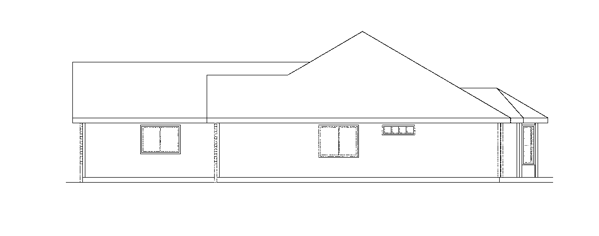 House plan elevation drawing, side view, showing a single-story structure with a gable roof, multiple windows, and an entrance.