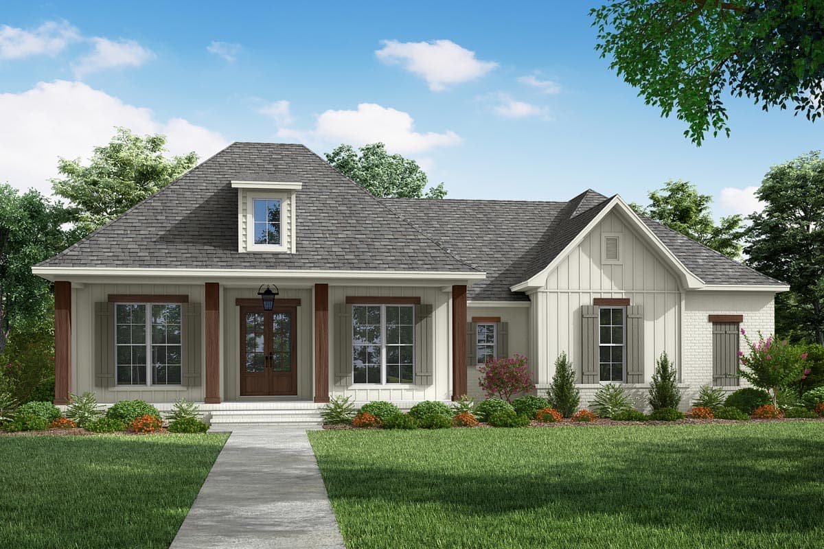House plan exterior featuring a one-story, Craftsman-style home with a front porch, gables, dormer, and brick accents.