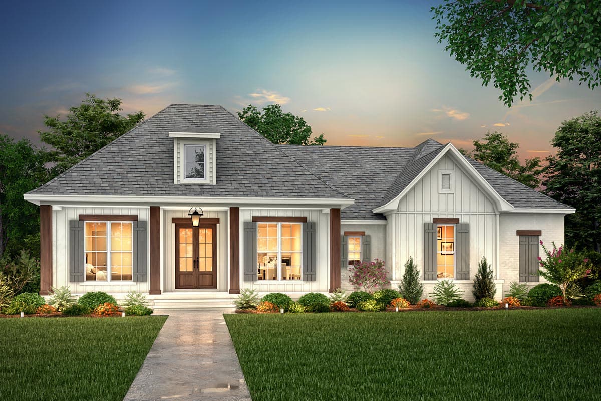 House plan exterior: one-story Modern Farmhouse with covered entry porch, dormer, gables, and board-and-batten siding.