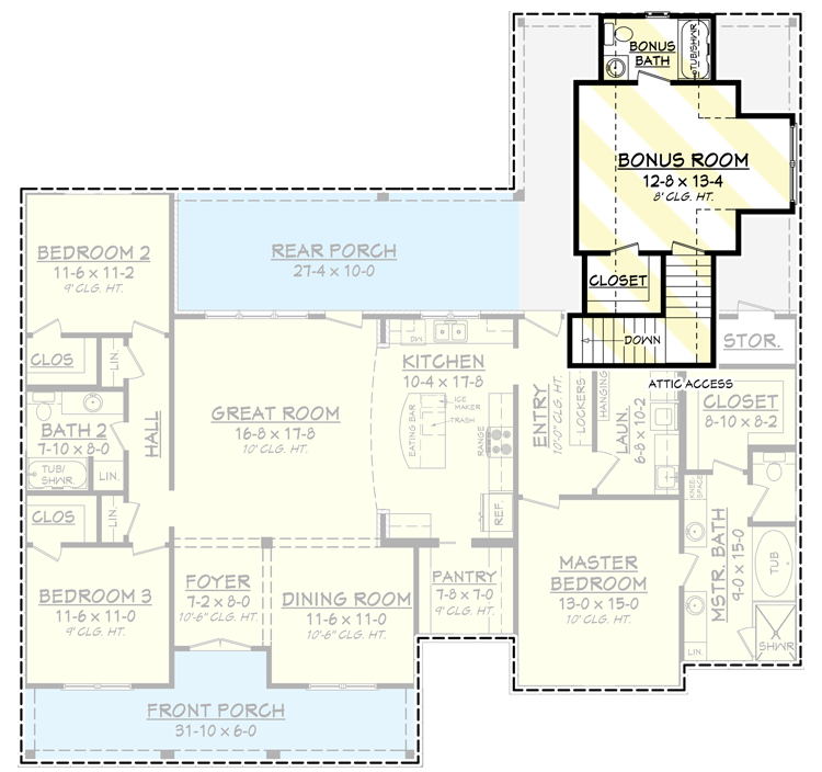 Plan 51742HZ: 3 Bed Acadian Home Plan with Bonus Over Carport - 1900 Sq Ft - Floor Plan - Bonus Room - Acadian, Country, European, French Country, Louisiana-Style