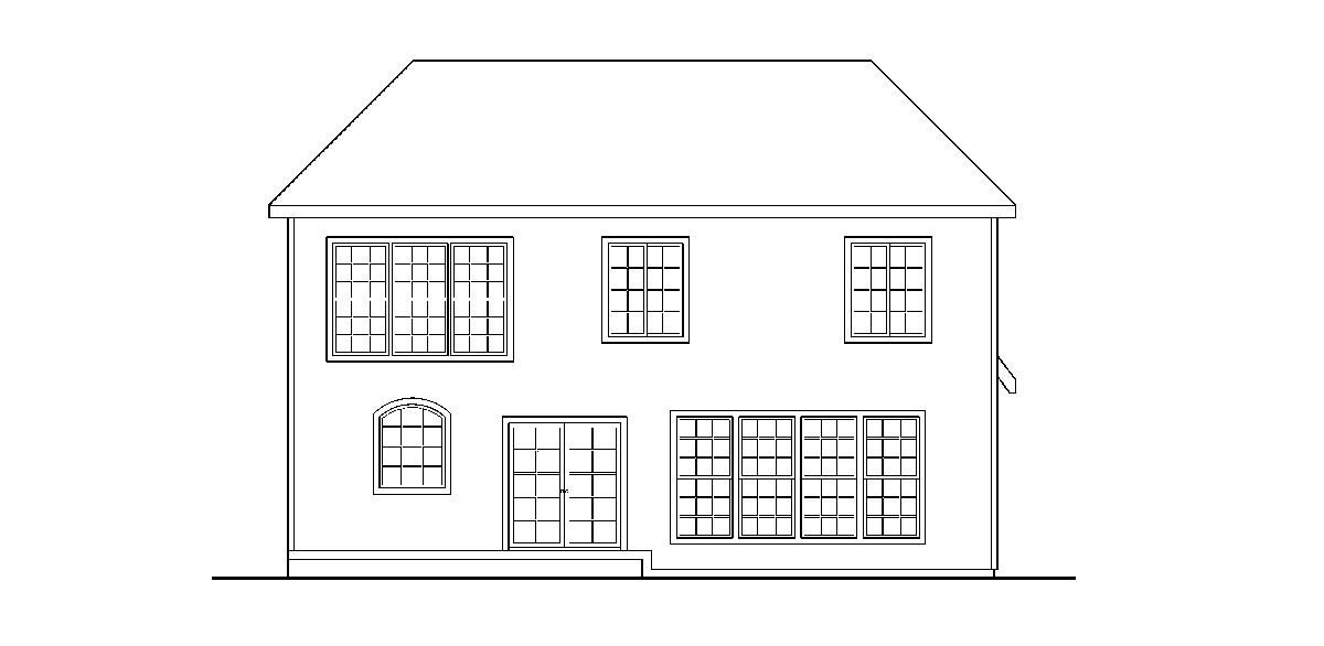 House plan rear elevation: two-story house with multiple windows, including an arched window, and a double door leading to a patio.