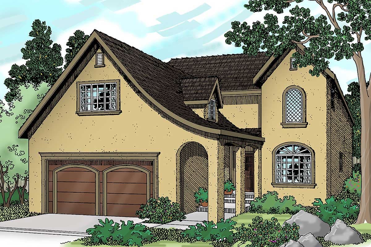 House plan exterior of a two-story home with a prominent arched entry, dual garage doors, and multiple gables.