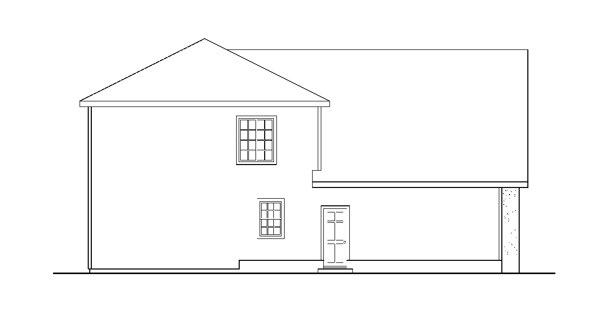 House plan side elevation showing a two-story structure with a gable roof, two windows, and a covered porch.