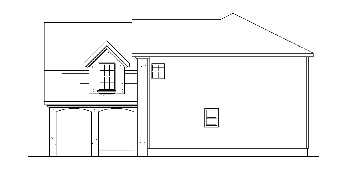 House plan exterior, side view, showing two arched garage openings, a dormer with a window, and a sloped roof.