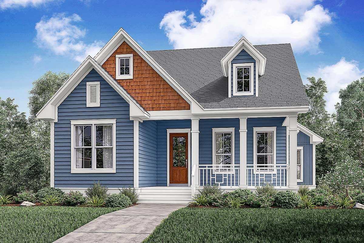 House plan exterior of a two-story blue home with a covered front porch, prominent gables, and cedar shingle accents.