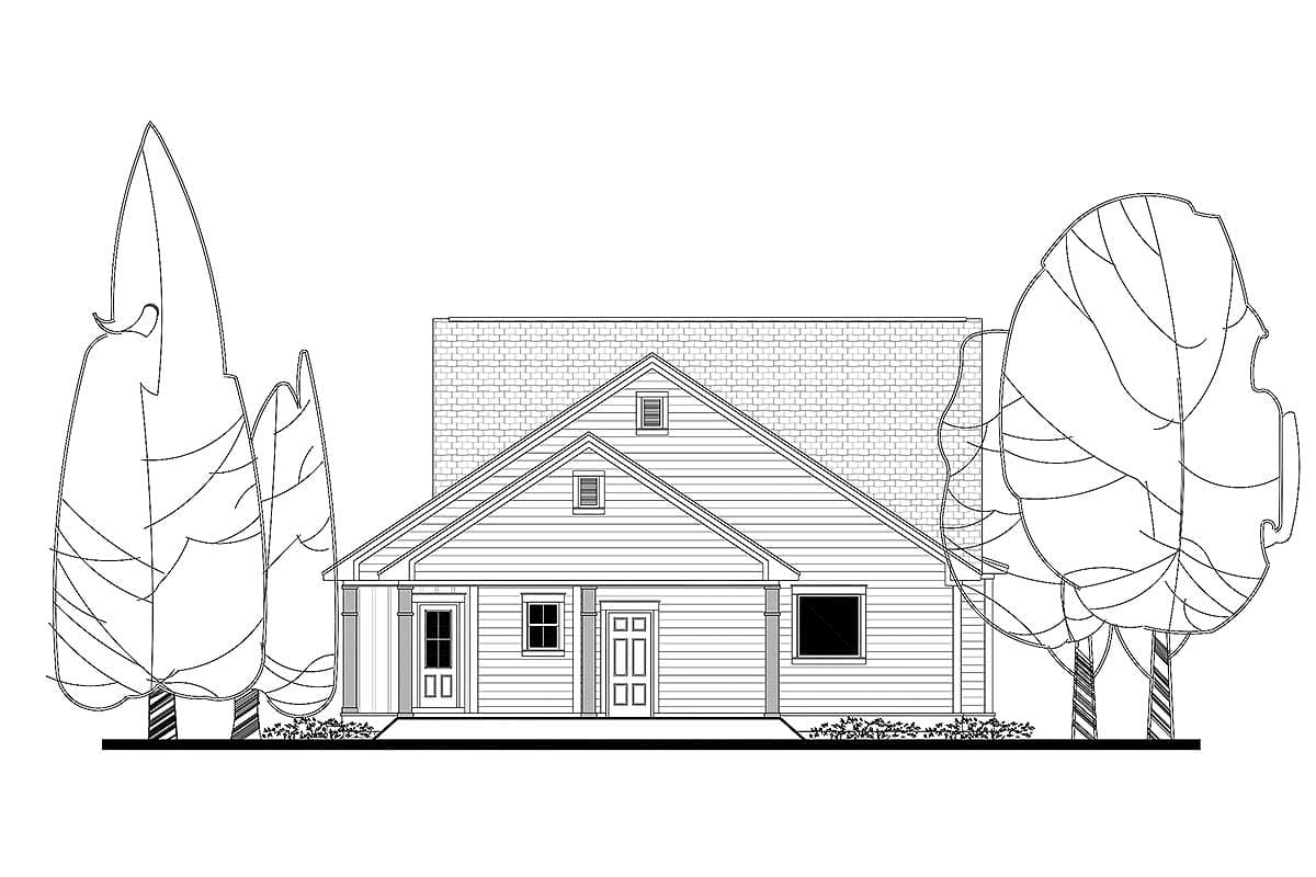 House plan exterior, single-story with gabled roof, covered porch, and multiple entry doors.