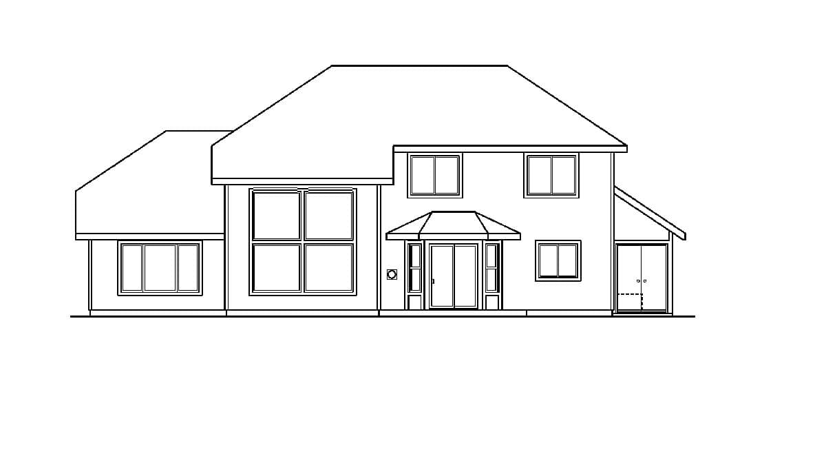 House plan exterior elevation: Two-story residence with prominent central gable, multi-pane windows, and entry porch.