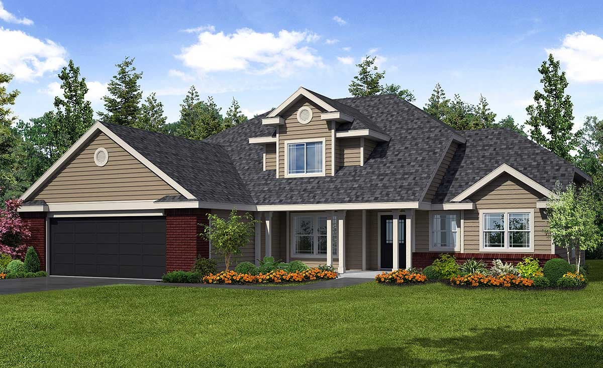 House plan exterior with a gabled dormer, side-entry garage, and covered front porch supported by pillars.