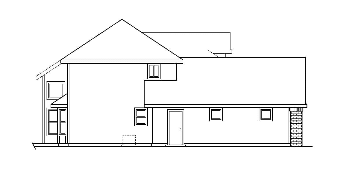 House plan exterior drawing showing a two-story home with gables, dormers, and a brick foundation.
