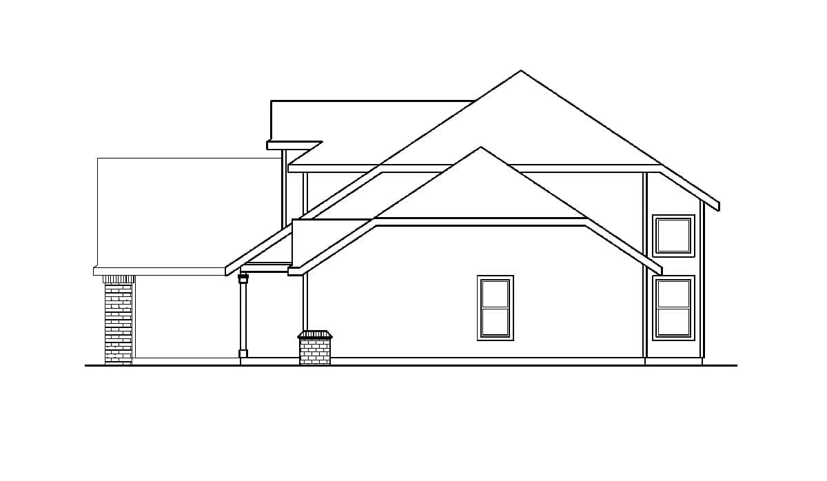 House plan side elevation showing multiple rooflines, a covered porch with brick supports, and stacked windows.