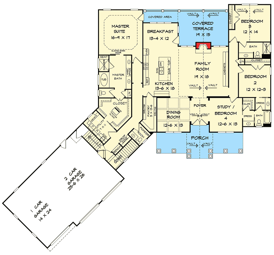 Plan 36075DK: Craftsman House Plan with 3 Car Angled Garage - Floor Plan - Main Level - Craftsman, Mountain, Rustic