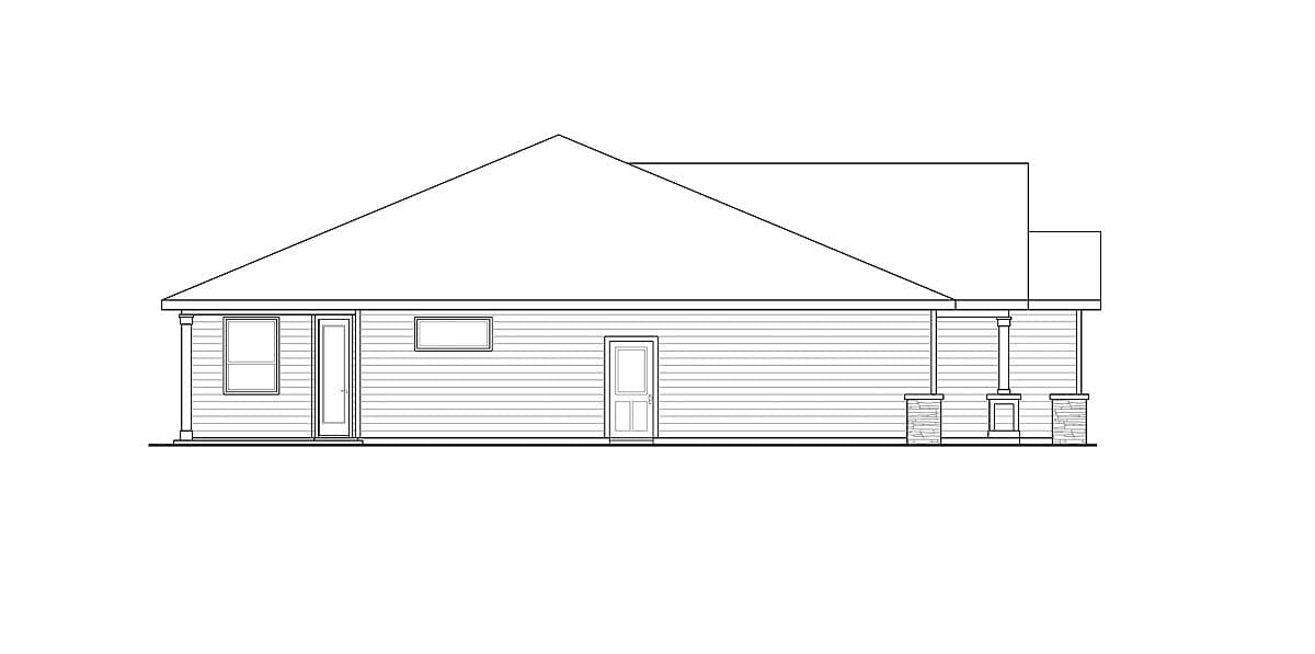 Side elevation house plan: single-story, siding, gabled roof, two doors, and covered porch with stone bases.
