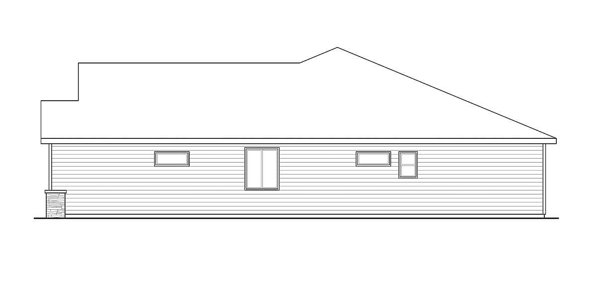 Side elevation drawing of a house plan featuring horizontal siding, a sloped roofline, and three distinct window arrangements.