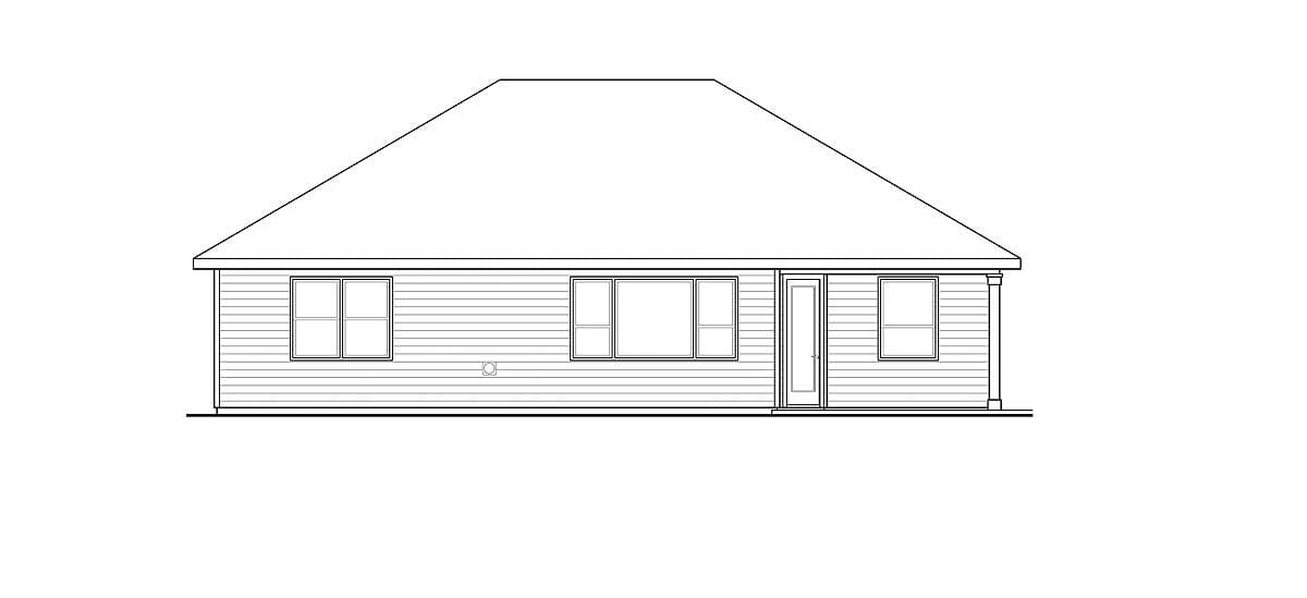House plan rear elevation: One-story home with hip roof, three windows, and a central door.