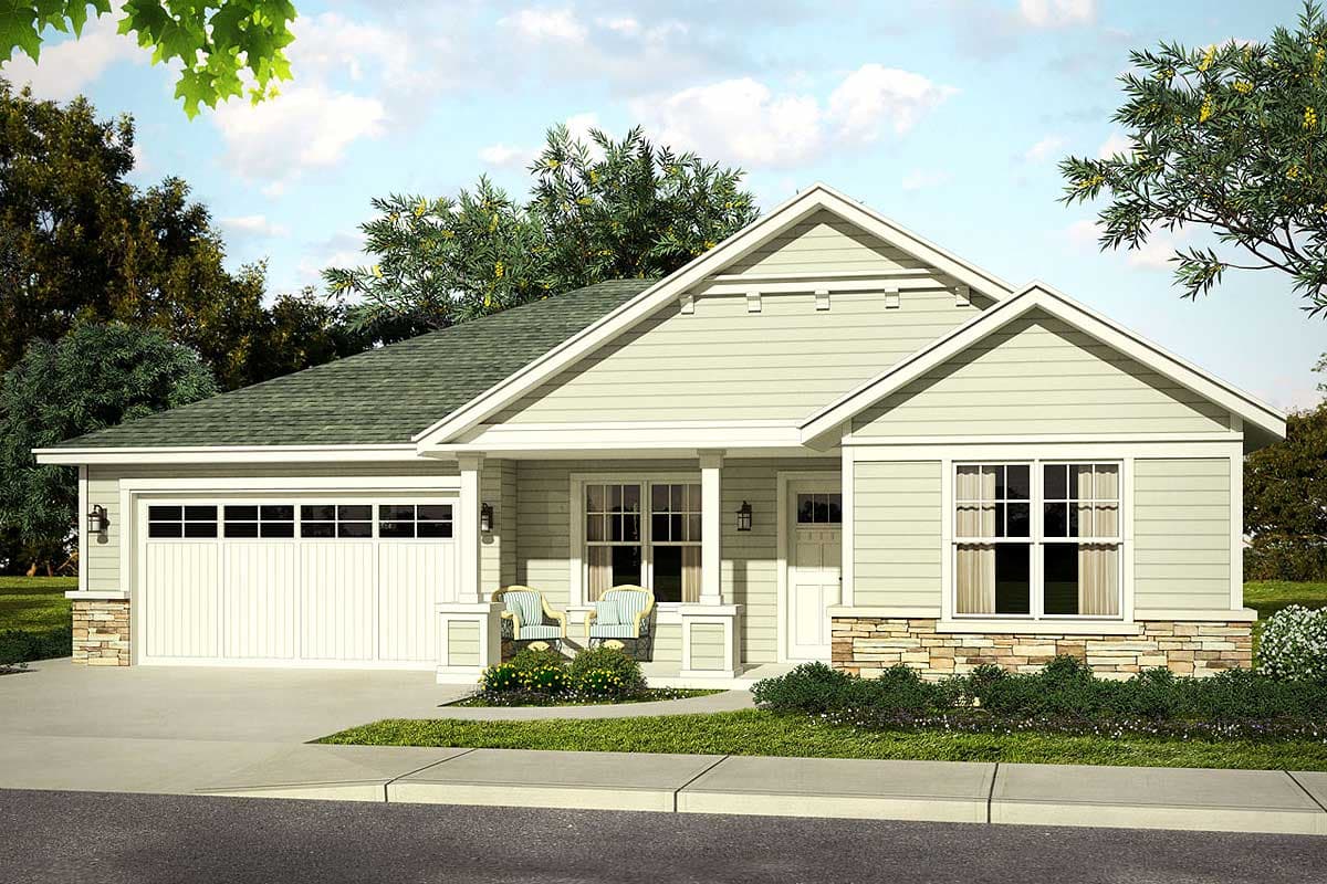 House plan exterior: Ranch-style home with a two-car garage, covered front porch with columns, gables, and stone accents.