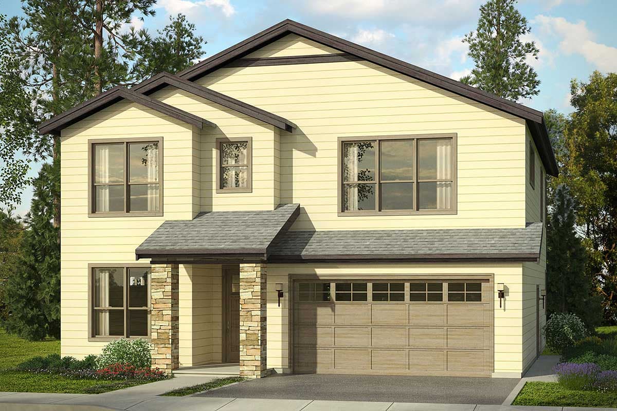 Two-story house plan exterior with gabled roof, stone-clad columns at entrance, and a two-car garage.