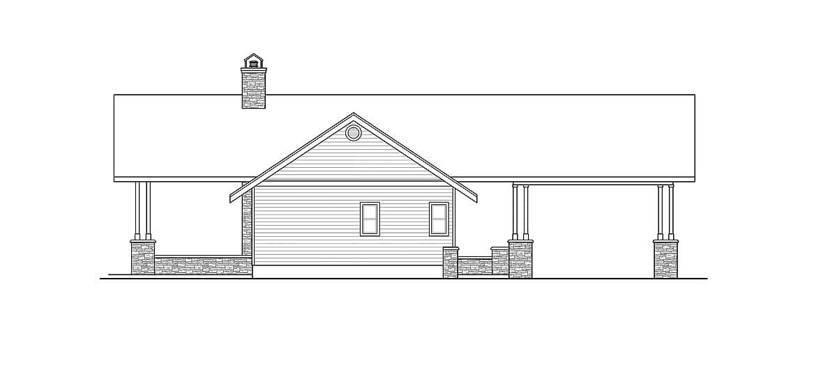House plan exterior. Single-story home with a gabled roof, stone chimney, porch, and attached carport.