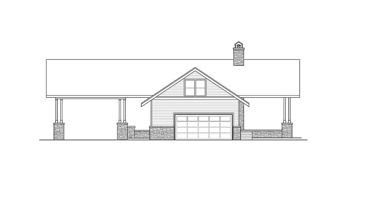 House plan exterior: one-story home with a prominent garage, gable dormer, and covered porches supported by stone bases.